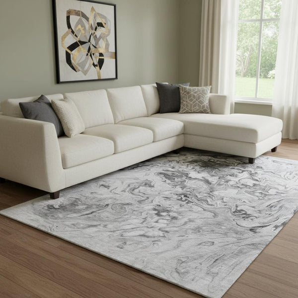 HomeRoots 8' X 10' Gray and Ivory Abstract Area Rug – Washable, Stain Resistant, UV Protected for Busy Homes! 650954