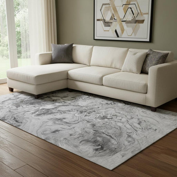 HomeRoots 9' X 12' Stylish Gray and Ivory Abstract Area Rug – Washable, UV Protected, Pet-Friendly Design! 650955
