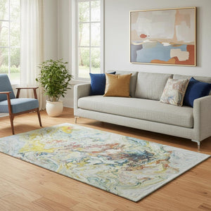 HomeRoots 5' X 8' Abstract Ivory Yellow and Blue Washable Area Rug with UV Protection for Modern Spaces 650958