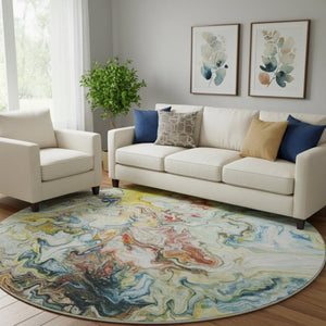 HomeRoots 8' Stylish Ivory Yellow and Blue Washable Round Rug - UV Protected, Stain Resistant, Ideal for Any Space 650959
