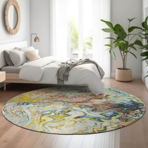 HomeRoots 8' Stylish Ivory Yellow and Blue Washable Round Rug - UV Protected, Stain Resistant, Ideal for Any Space 650959