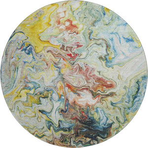 HomeRoots 8' Stylish Ivory Yellow and Blue Washable Round Rug - UV Protected, Stain Resistant, Ideal for Any Space 650959