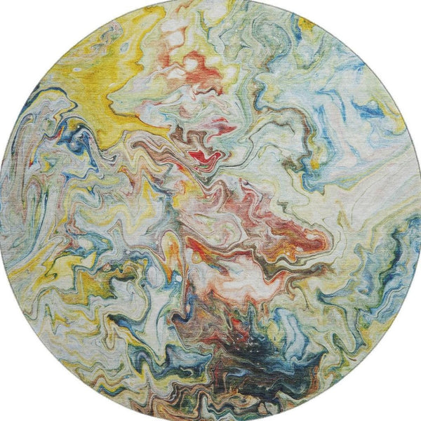 HomeRoots 8' Stylish Ivory Yellow and Blue Washable Round Rug - UV Protected, Stain Resistant, Ideal for Any Space 650959