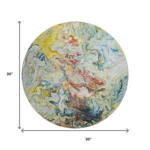 HomeRoots 8' Stylish Ivory Yellow and Blue Washable Round Rug - UV Protected, Stain Resistant, Ideal for Any Space 650959