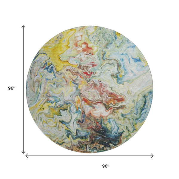 HomeRoots 8' Stylish Ivory Yellow and Blue Washable Round Rug - UV Protected, Stain Resistant, Ideal for Any Space 650959