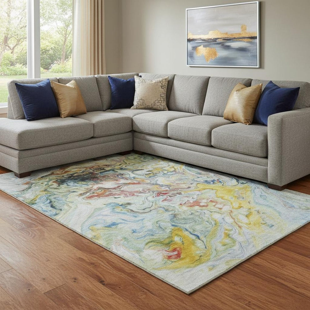 HomeRoots 8' X 10' Washable Abstract Area Rug in Ivory, Yellow & Blue - UV Resistant, Soft & Durable Design 650960