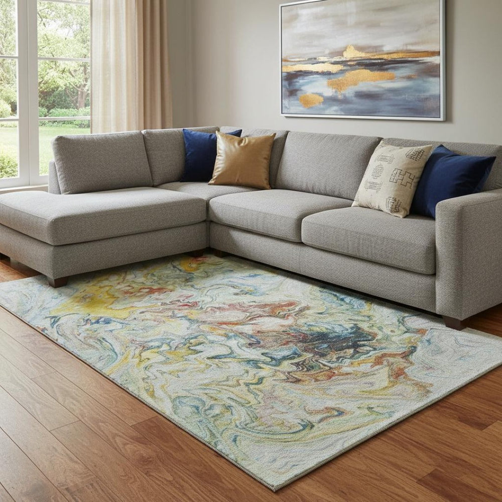 HomeRoots 9' X 12' Modern Abstract Washable Area Rug in Ivory, Yellow & Blue - UV Protected, Stain Resistant! 650961