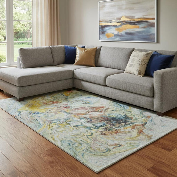 HomeRoots 9' X 12' Modern Abstract Washable Area Rug in Ivory, Yellow & Blue - UV Protected, Stain Resistant! 650961
