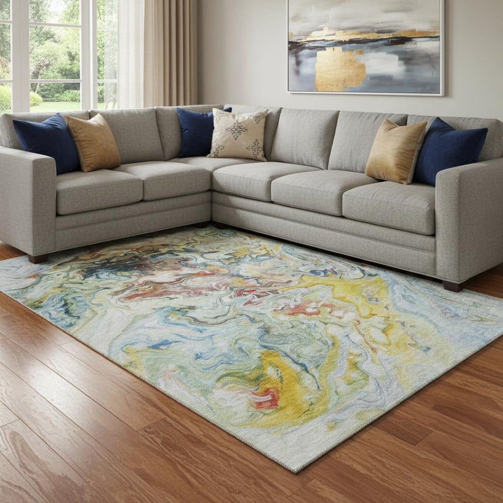 HomeRoots 10' Ivory Yellow Blue Abstract Area Rug – Washable, UV Protected, Durable & Perfect for Family Homes 650962