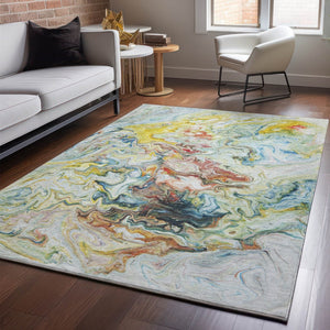 HomeRoots 10' Ivory Yellow Blue Abstract Area Rug – Washable, UV Protected, Durable & Perfect for Family Homes 650962