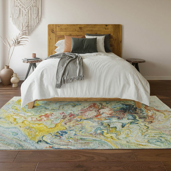 HomeRoots 10' Ivory Yellow Blue Abstract Area Rug – Washable, UV Protected, Durable & Perfect for Family Homes 650962