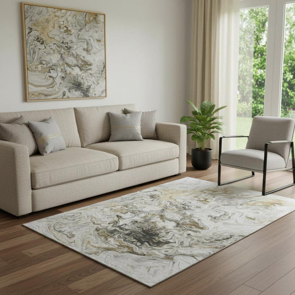 HomeRoots 5' X 8' Taupe Gray and Ivory Abstract Area Rug - Durable, Washable, UV-Protected for Modern Homes 650964