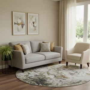 HomeRoots 8' Taupe Gray and Ivory Modern Abstract Washable Round Rug with UV Protection for Versatile Spaces 650965