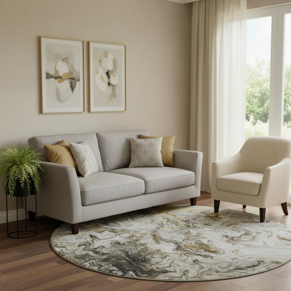 HomeRoots 8' Taupe Gray and Ivory Modern Abstract Washable Round Rug with UV Protection for Versatile Spaces 650965
