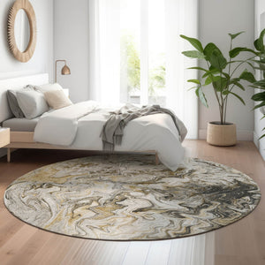HomeRoots 8' Taupe Gray and Ivory Modern Abstract Washable Round Rug with UV Protection for Versatile Spaces 650965