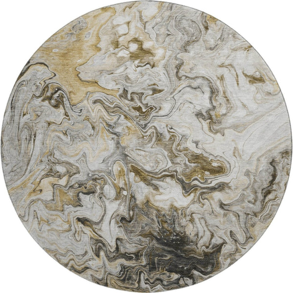 HomeRoots 8' Taupe Gray and Ivory Modern Abstract Washable Round Rug with UV Protection for Versatile Spaces 650965