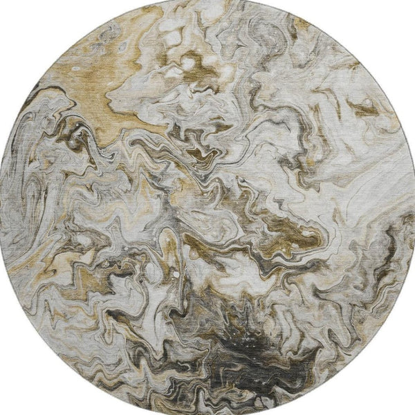 HomeRoots 8' Taupe Gray and Ivory Modern Abstract Washable Round Rug with UV Protection for Versatile Spaces 650965