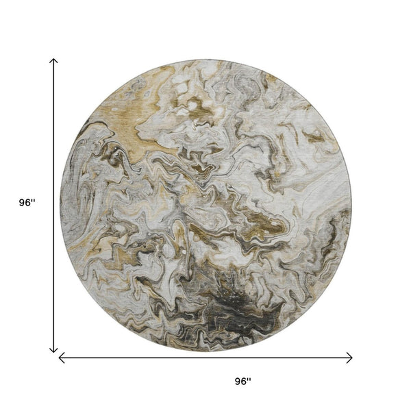 HomeRoots 8' Taupe Gray and Ivory Modern Abstract Washable Round Rug with UV Protection for Versatile Spaces 650965