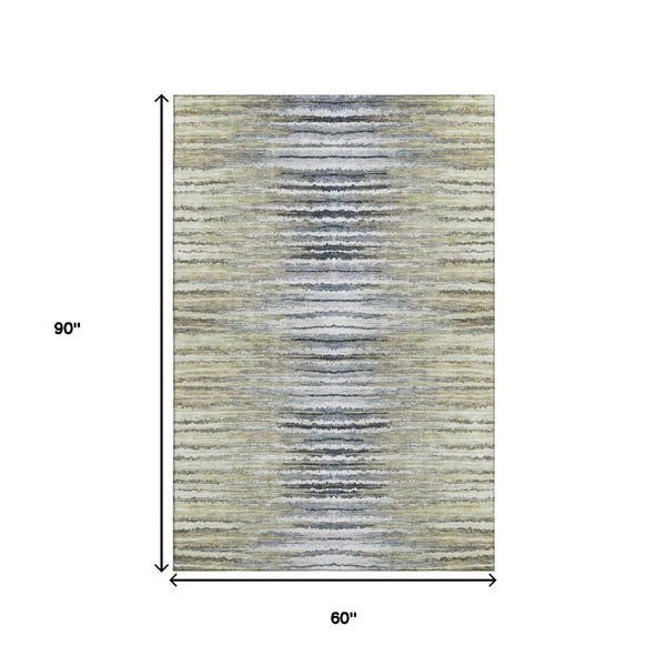 HomeRoots 5' X 8' Beige Blue Ivory Striped Area Rug - Durable, Washable, UV Protected for Indoor & Outdoor Use! 650970