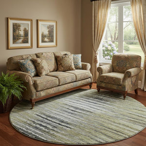 HomeRoots 8' Stylish Beige, Blue & Ivory Striped Washable Round Rug with UV Protection for Indoor/Outdoor Use 650971