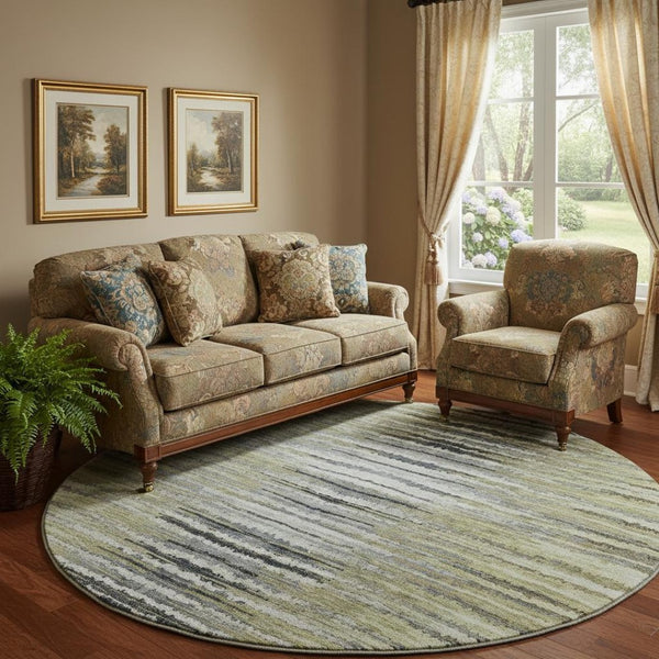 HomeRoots 8' Stylish Beige, Blue & Ivory Striped Washable Round Rug with UV Protection for Indoor/Outdoor Use 650971