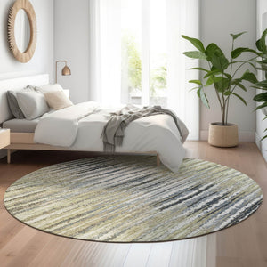 HomeRoots 8' Stylish Beige, Blue & Ivory Striped Washable Round Rug with UV Protection for Indoor/Outdoor Use 650971