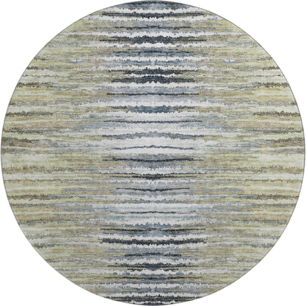 HomeRoots 8' Stylish Beige, Blue & Ivory Striped Washable Round Rug with UV Protection for Indoor/Outdoor Use 650971