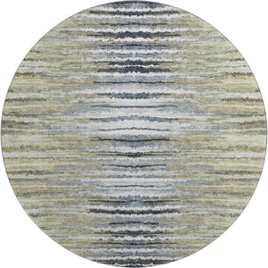 HomeRoots 8' Stylish Beige, Blue & Ivory Striped Washable Round Rug with UV Protection for Indoor/Outdoor Use 650971
