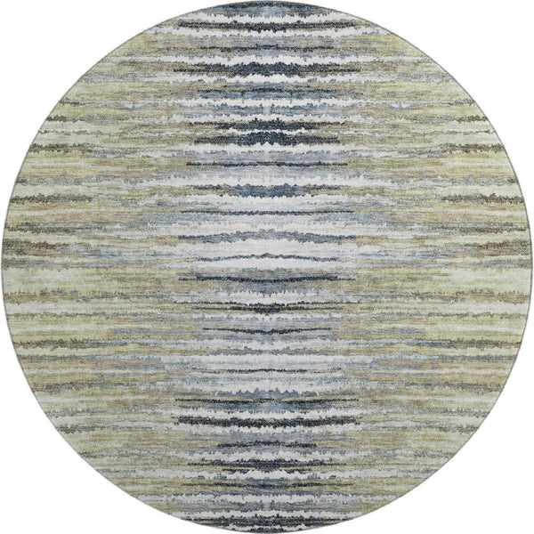 HomeRoots 8' Stylish Beige, Blue & Ivory Striped Washable Round Rug with UV Protection for Indoor/Outdoor Use 650971