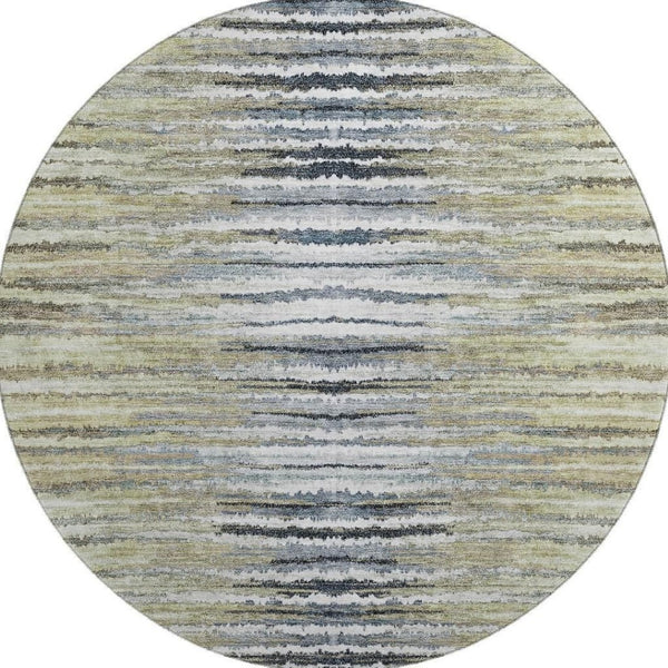 HomeRoots 8' Stylish Beige, Blue & Ivory Striped Washable Round Rug with UV Protection for Indoor/Outdoor Use 650971
