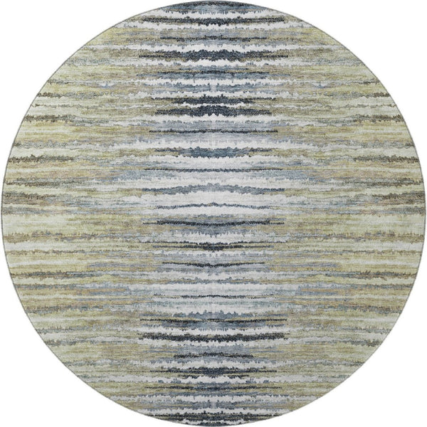 HomeRoots 8' Stylish Beige, Blue & Ivory Striped Washable Round Rug with UV Protection for Indoor/Outdoor Use 650971