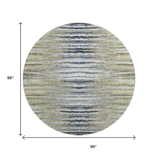 HomeRoots 8' Stylish Beige, Blue & Ivory Striped Washable Round Rug with UV Protection for Indoor/Outdoor Use 650971