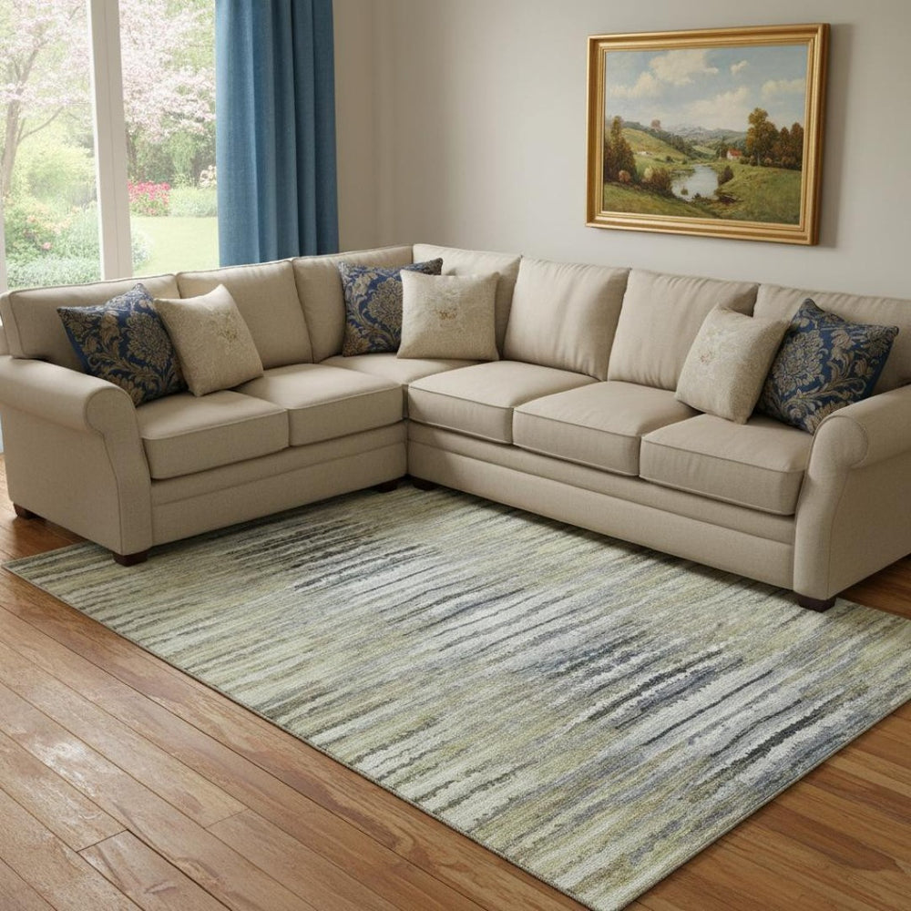 HomeRoots 10' X 14' Striped Washable Area Rug in Beige, Blue & Ivory – Durable, UV-Protected for Busy Homes 650974