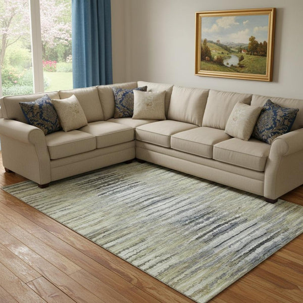 HomeRoots 10' X 14' Striped Washable Area Rug in Beige, Blue & Ivory – Durable, UV-Protected for Busy Homes 650974