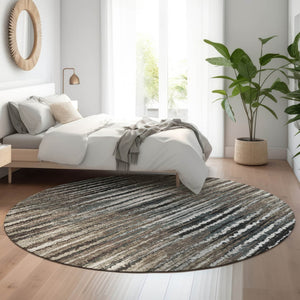 HomeRoots 8' Striped Washable Round Rug in Brown, Gray & Ivory - UV Protected, Stain Resistant for Homes 650977