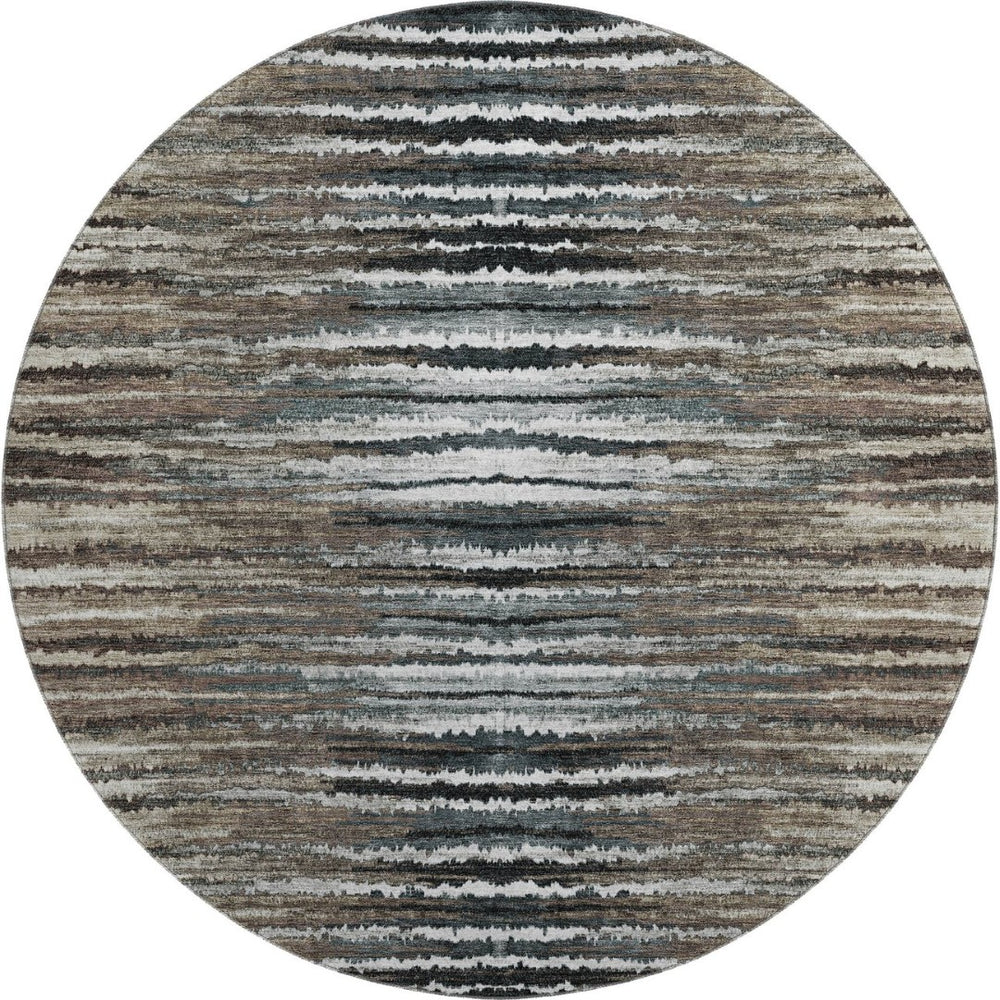 HomeRoots 8' Striped Washable Round Rug in Brown, Gray & Ivory - UV Protected, Stain Resistant for Homes 650977