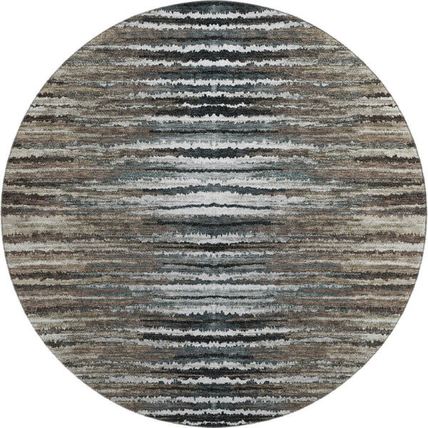 HomeRoots 8' Striped Washable Round Rug in Brown, Gray & Ivory - UV Protected, Stain Resistant for Homes 650977