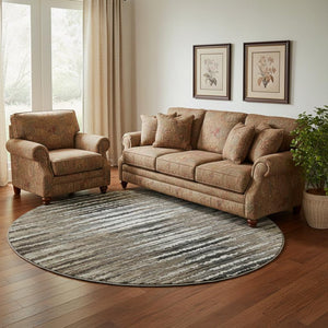 HomeRoots 8' Striped Washable Round Rug in Brown, Gray & Ivory - UV Protected, Stain Resistant for Homes 650977