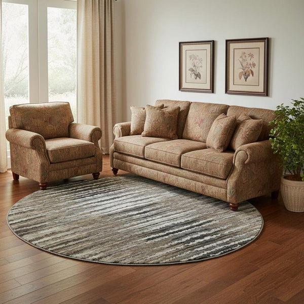 HomeRoots 8' Striped Washable Round Rug in Brown, Gray & Ivory - UV Protected, Stain Resistant for Homes 650977