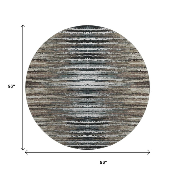 HomeRoots 8' Striped Washable Round Rug in Brown, Gray & Ivory - UV Protected, Stain Resistant for Homes 650977