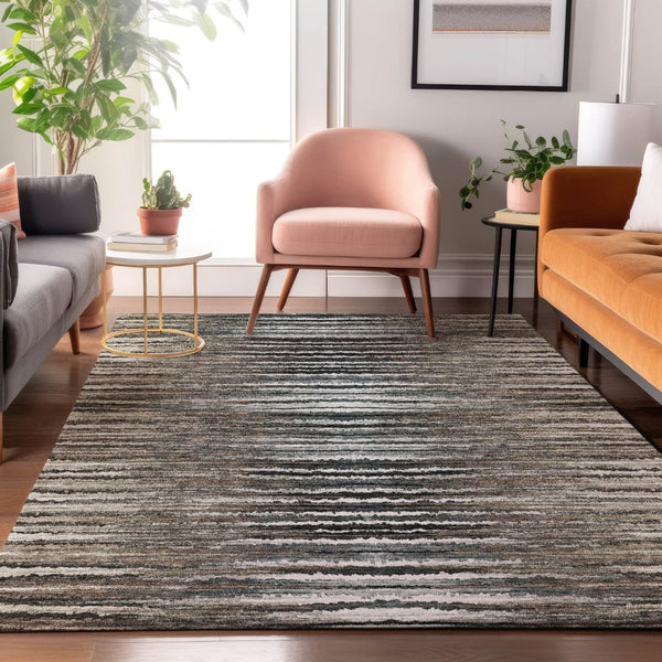 HomeRoots 8' X 10' Stylish Brown Gray Ivory Striped Washable Area Rug - UV Protection for High-Traffic Spaces 650978