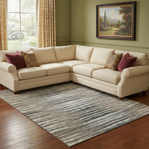HomeRoots 8' X 10' Stylish Brown Gray Ivory Striped Washable Area Rug - UV Protection for High-Traffic Spaces 650978