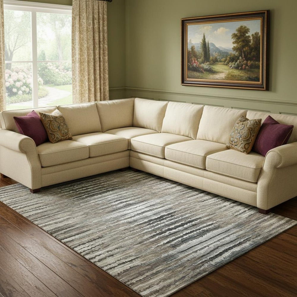 HomeRoots 9' Striped Area Rug in Brown, Gray & Ivory – Washable, UV-Protected, Stain-Resistant, Stylish Design 650979