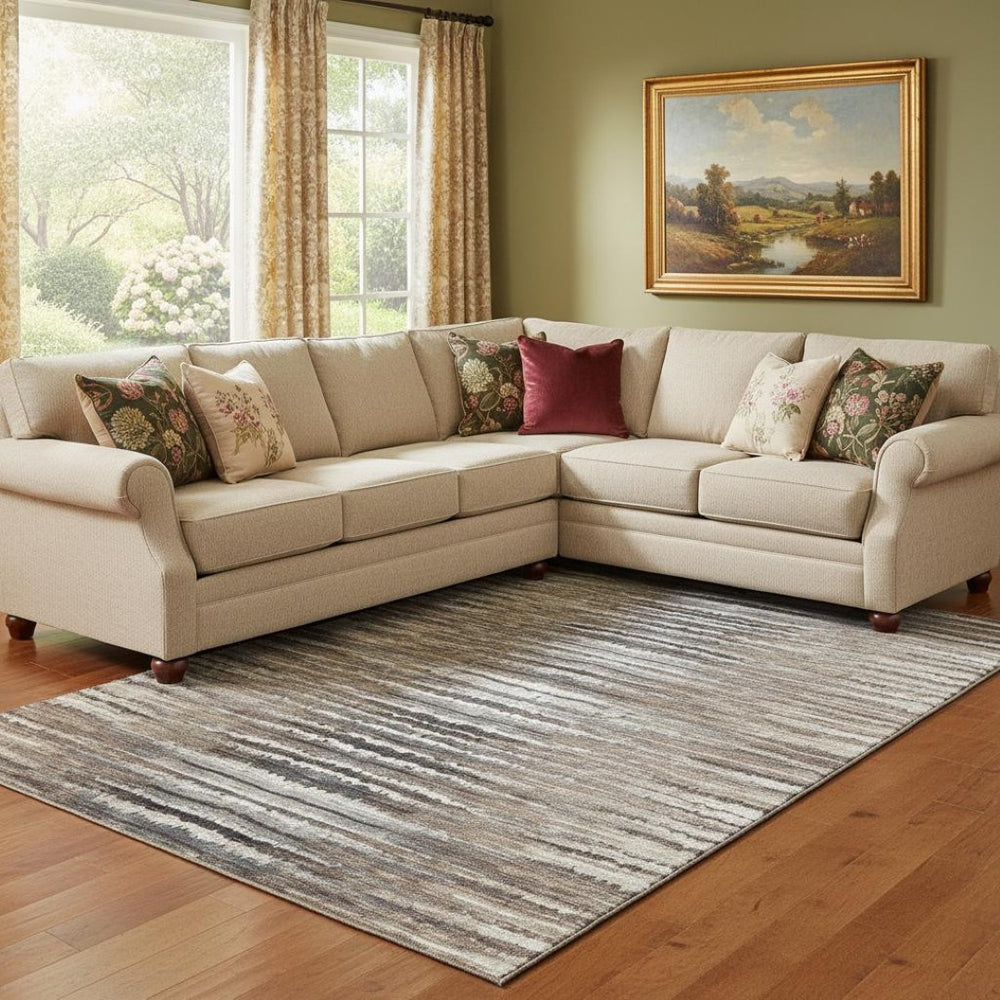 HomeRoots 10' X 14' Striped Washable Area Rug in Brown, Gray & Ivory - Durable, Stain-Resistant, UV Protected! 650980