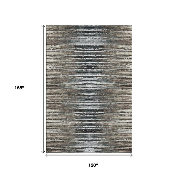 HomeRoots 10' X 14' Striped Washable Area Rug in Brown, Gray & Ivory - Durable, Stain-Resistant, UV Protected! 650980