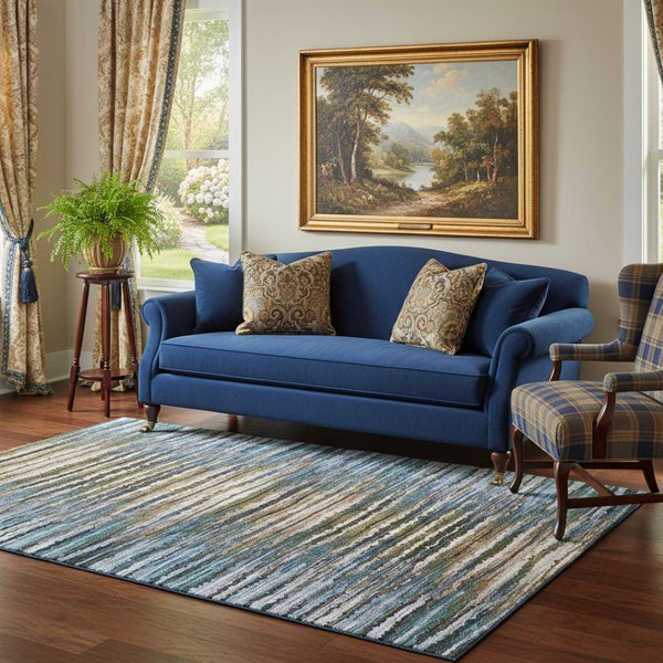 HomeRoots 5' Washable Striped Area Rug in Blue, Brown & Gray - UV Protected, Stylish & Stain-Resistant Design! 650982