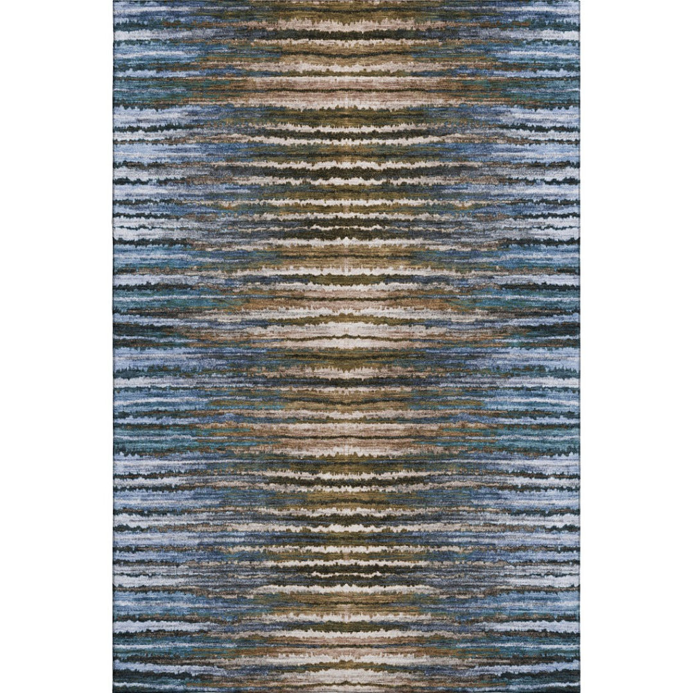 HomeRoots 5' Washable Striped Area Rug in Blue, Brown & Gray - UV Protected, Stylish & Stain-Resistant Design! 650982