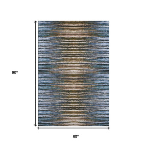 HomeRoots 5' Washable Striped Area Rug in Blue, Brown & Gray - UV Protected, Stylish & Stain-Resistant Design! 650982