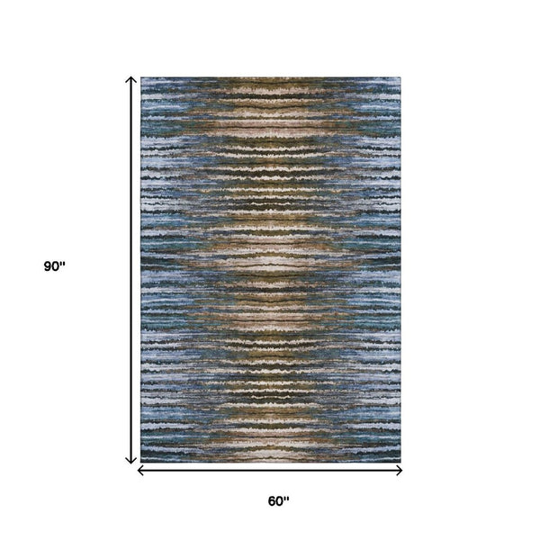 HomeRoots 5' Washable Striped Area Rug in Blue, Brown & Gray - UV Protected, Stylish & Stain-Resistant Design! 650982