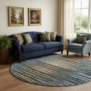 HomeRoots 8' Washable Round Area Rug with UV Protection - Stylish Blue, Brown & Gray Stripes for Family Homes 650983